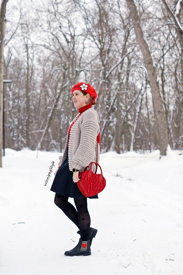Winnipeg Style, Chicwish red heart knitted cardigan, Mary Frances beaded red heart handbag purse, River Island neoprene black skater skirt, Browns black red heart slip on Chelsea boots, Canadian fashion blog